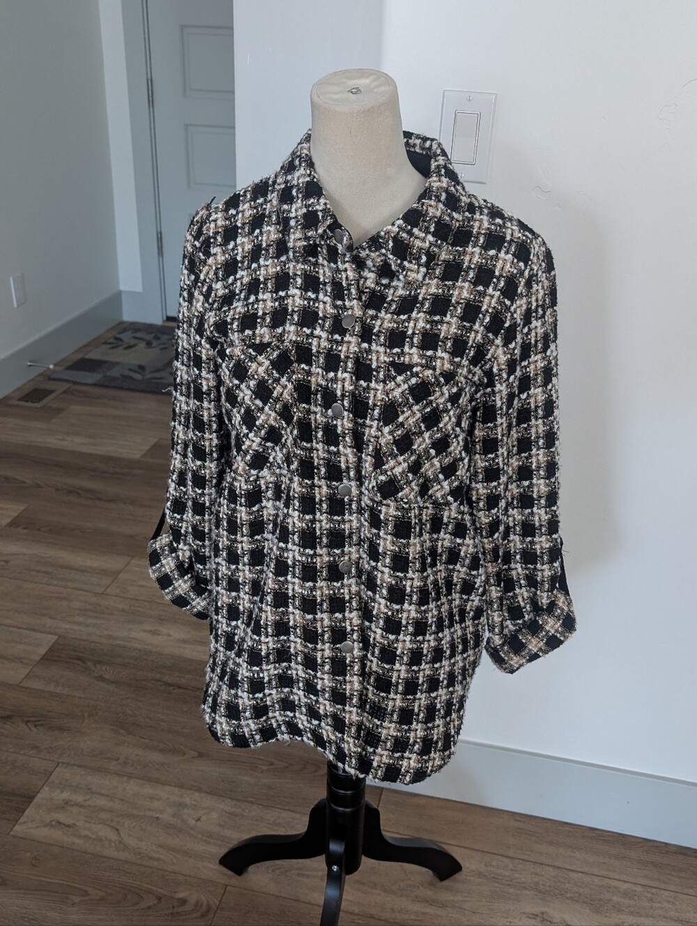 Mystree Black & White Tweed Button-Front Shirt Jacket